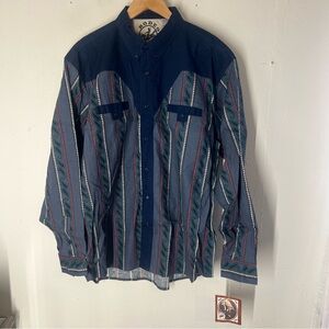 Vintage Rodeo Active Navy Blue Pattern Western Button Down Shirt Mens Large